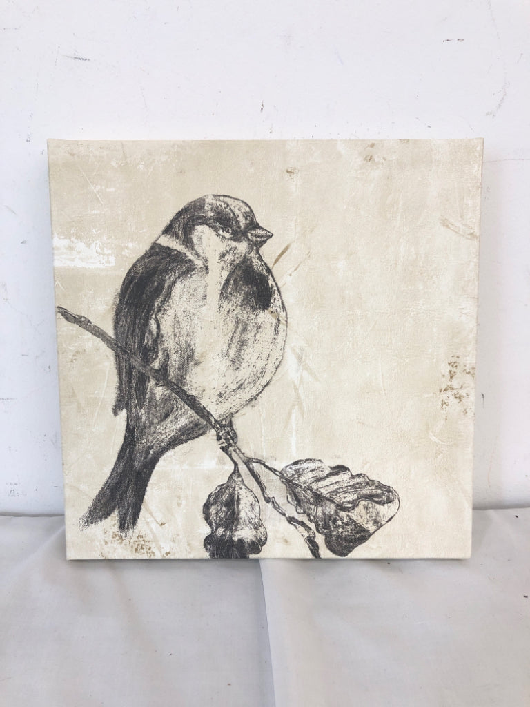 SMALL CANVAS W/ PENCIL SKETCH BIRD ON BRANCH.