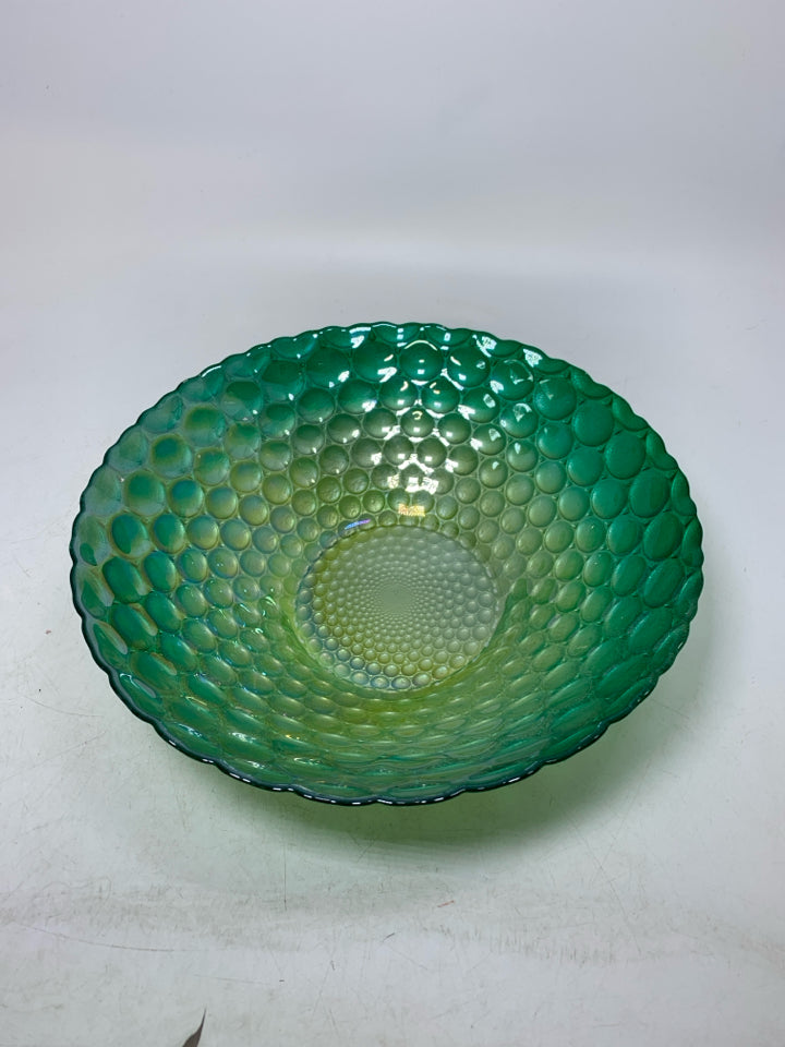 OMBRE EMBOSSED GREEN/YELLOW CIRCLES GLASS BOWL.