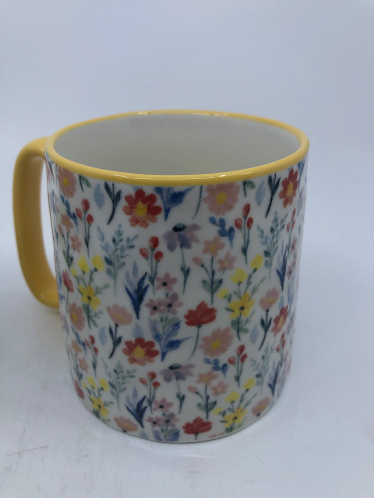 2 YELLOW RIMS ASSORTED FLOWERS/BEES MUGS.