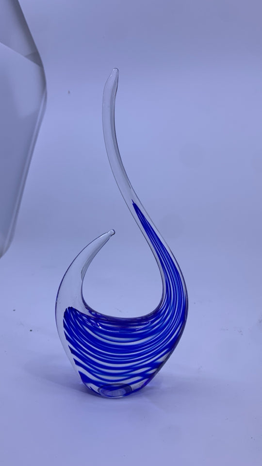 BLUE GLASS SWIRL SHELF DECOR.