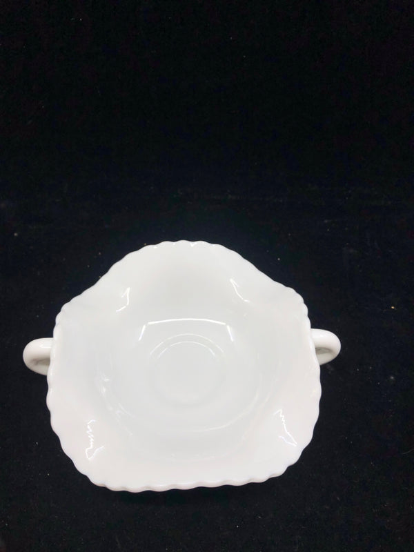 VTG MILK GLASS RAISED EDGE CANDLE PLATE W 2 HANDLES.