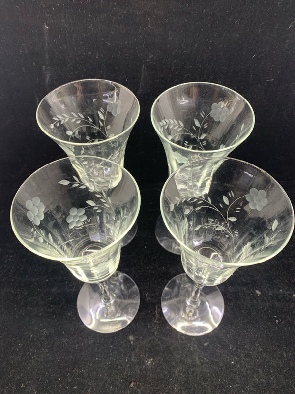 4 FLORAL ETCHED WINE GLASSES.