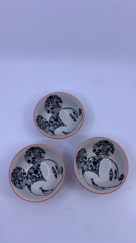 3 SMALL MICKEY MOUSE SCRIPT BOWLS.