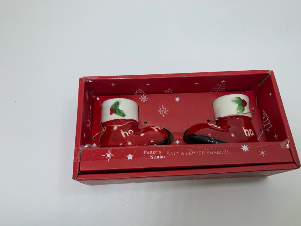 NIB 2 RED BOOTS SALT & PEPPER SHAKERS.