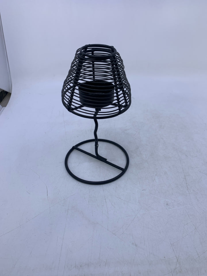 BLACK METAL TEA LIGHT HOLDER W/ SHADE.