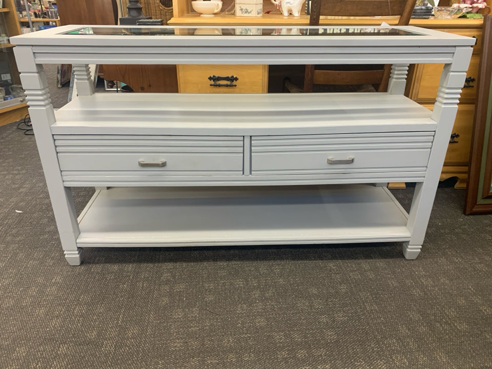 GREY CONSOLE TABLE 2 DRAWERS AND GLASS STOP.