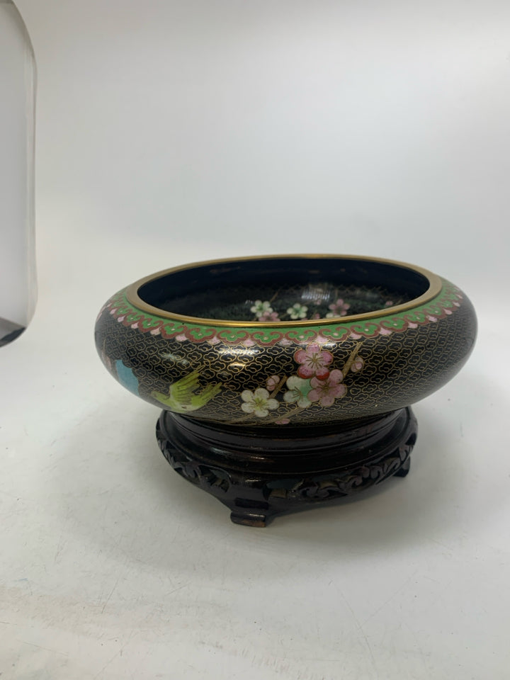 VTG ASIAN STYLE CLOISONNE HEAVY ENAMEL/METAL BOWL W/ STAND.