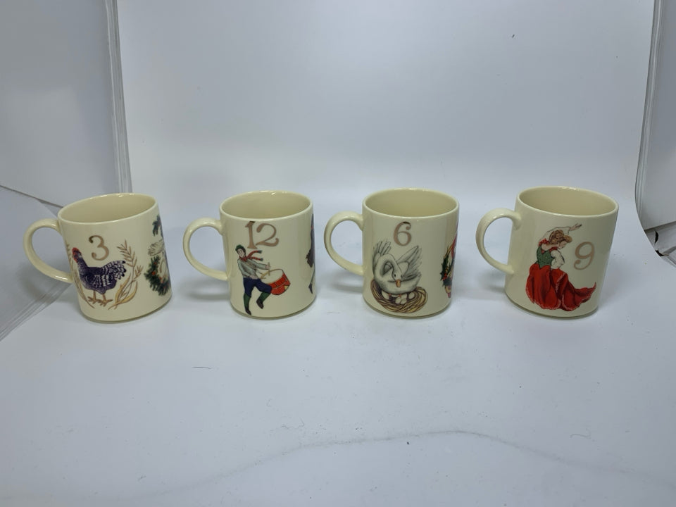 NIB LENOX TWELVE DAYS OF CHRISTMAS 4 PC MUG SET.