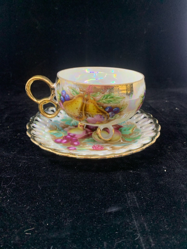VTG IRIDESCENT FRUIT DESIGN FOOTED TEA CUP & SAUCER-ROYAL SEALY.