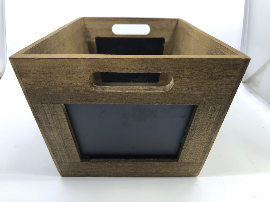 WOOD BASKET W CHALK BOARD LABEL AND HANDLES.