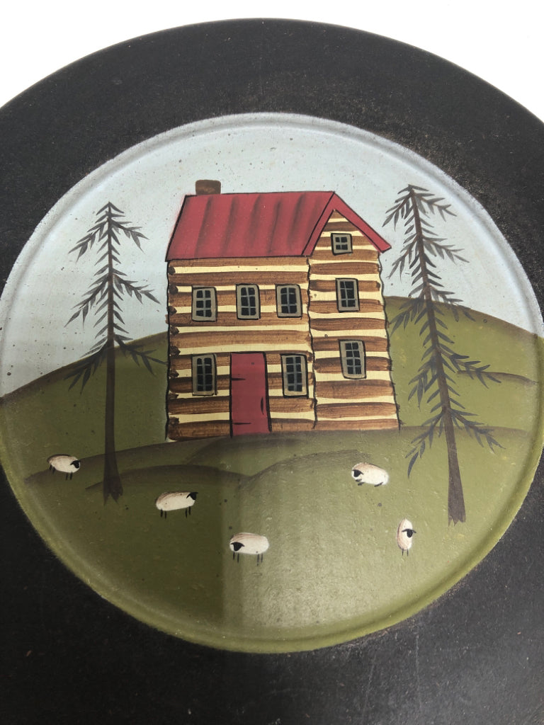 PRIMITIVE LOG CABIN WOODEN PLATE.