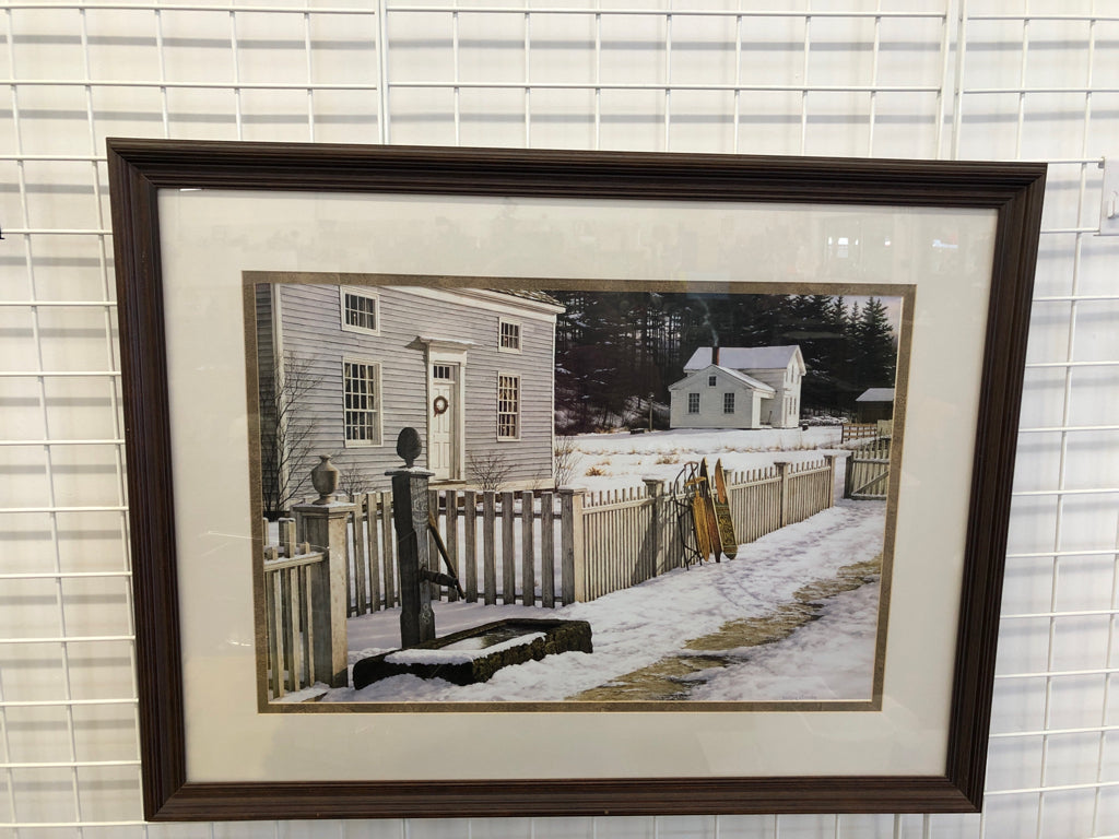 WINTER SCENE GRAY HOUSE W/SLEDS WALL HANGING.