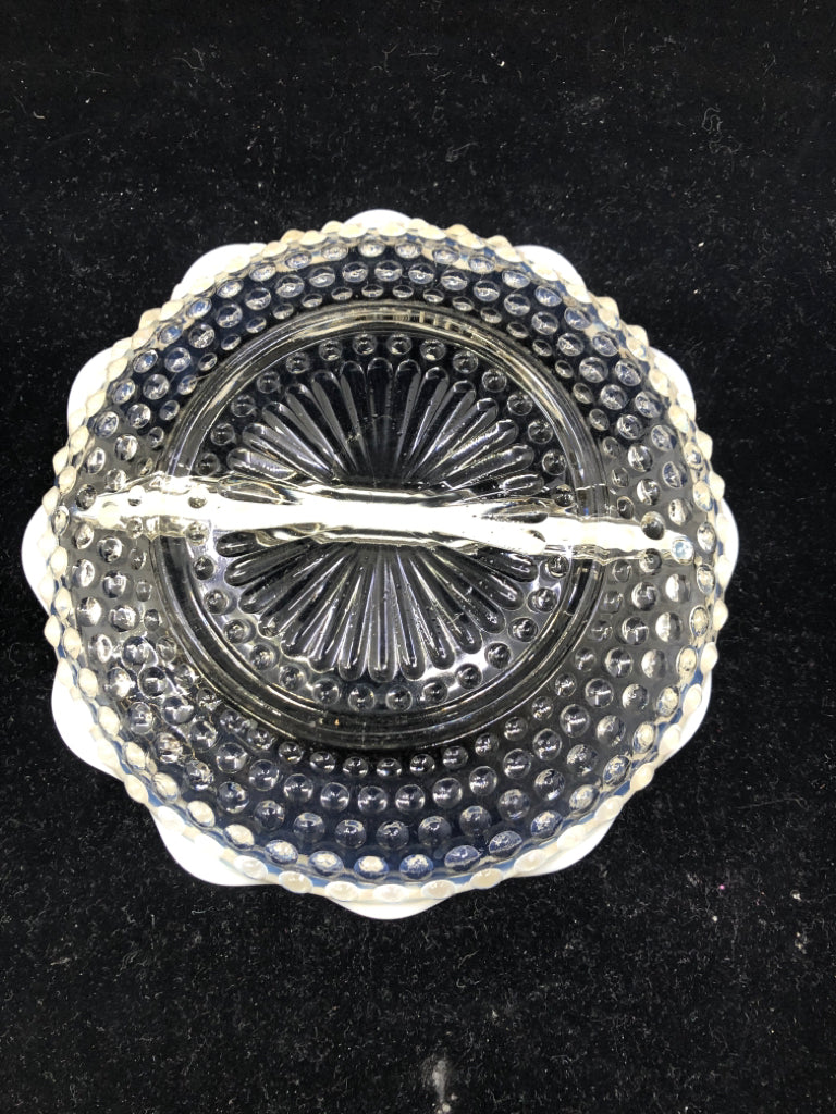 VTG CLEAR HOBNAIL DIVIDED DISH W/ WHITE EDGE.