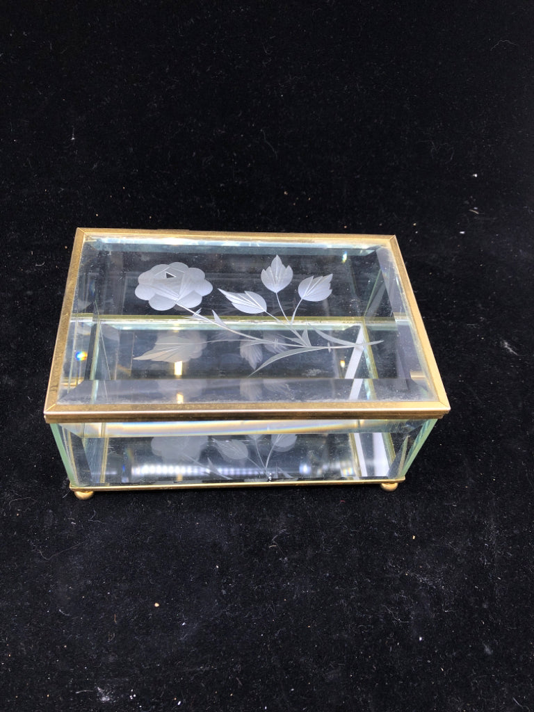 ETCHED GLASS MIRROR BOX W/GOLD TRIM.