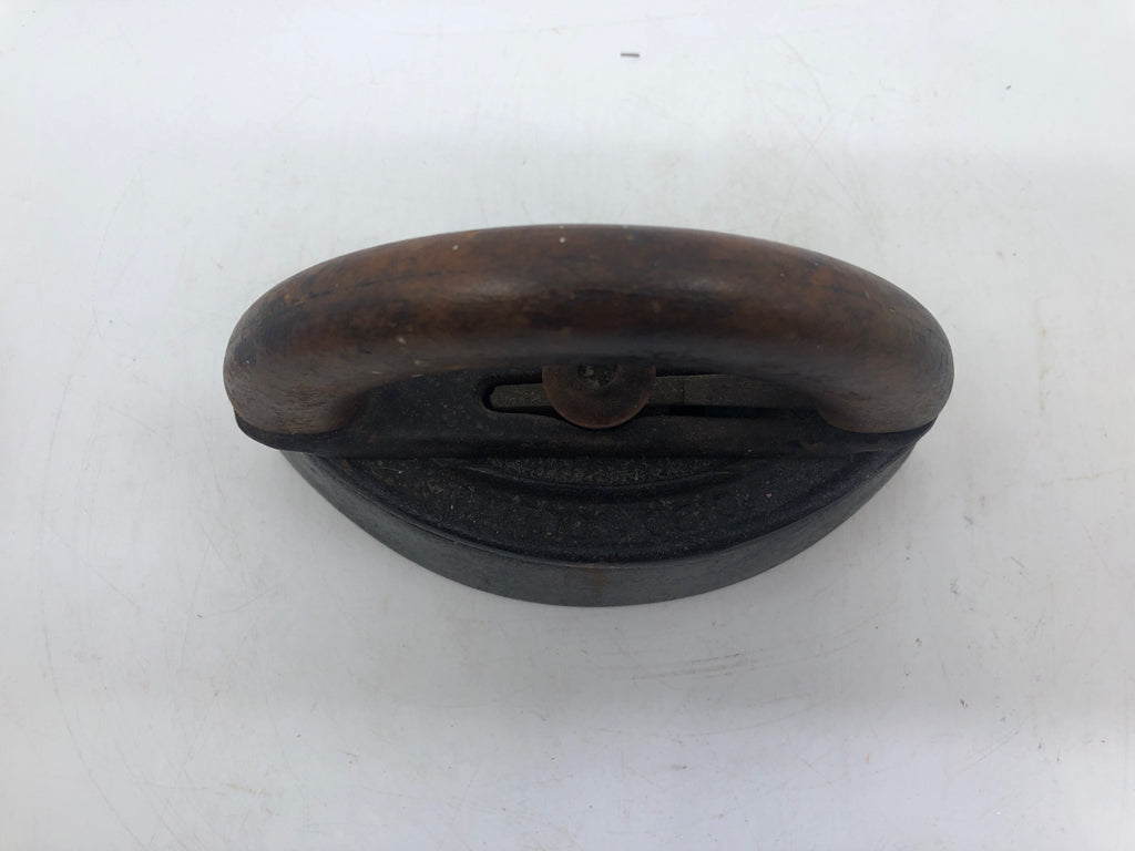 VTG HEAVY SAD IRON W/ WOOD HANDLE DOOR STOP/ IRON.