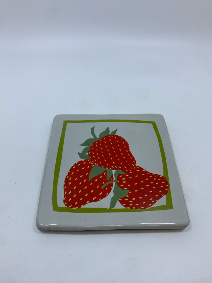 STRAWBERRY PAINTED STONEWARE TRIVET.