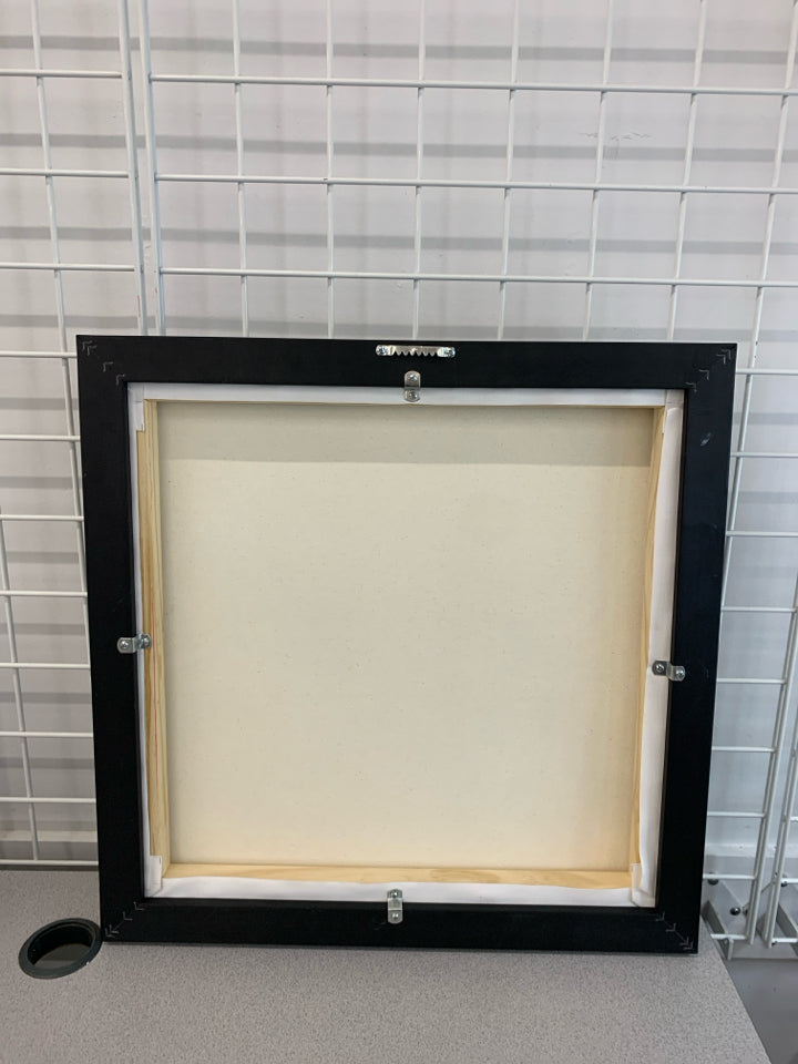 BLUE SWIRL ABSTRACT CANVAS IN BLACK FRAME.