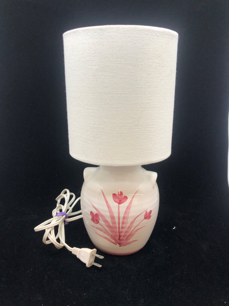 PINK FLOWER PAINTED CERAMIC LAMP W/WHITE SHADE.