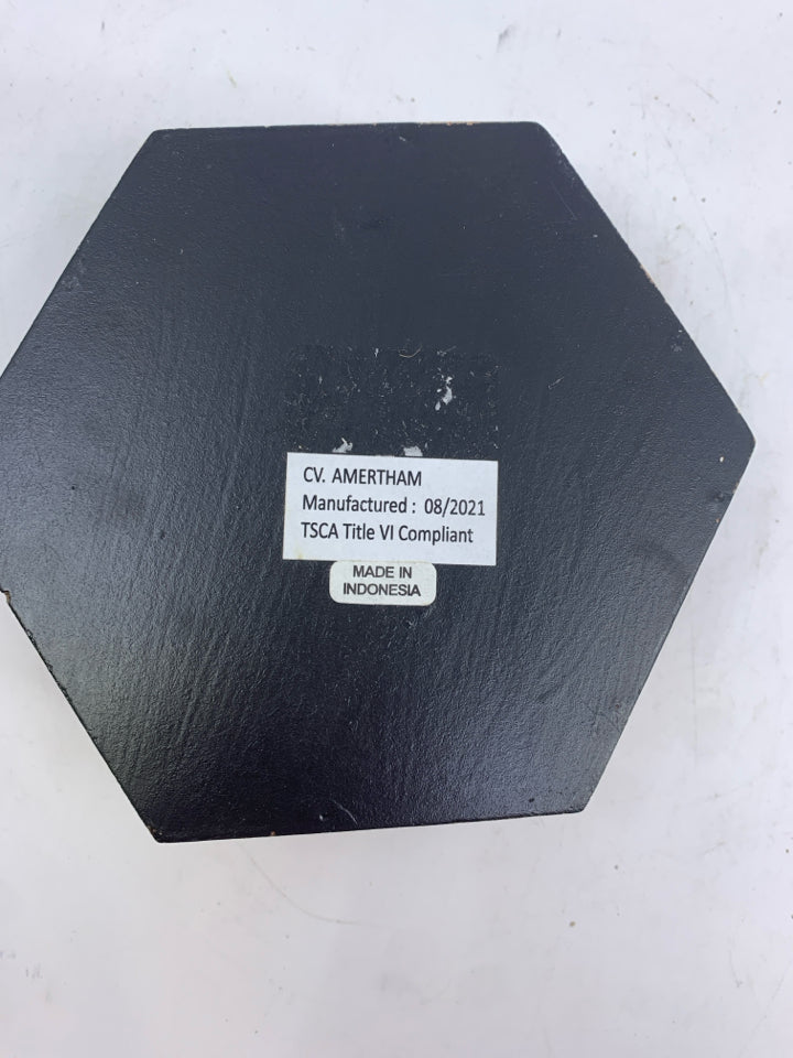 HEXAGON SHAPED WOOD BOX W/ TEXTURED TOP.