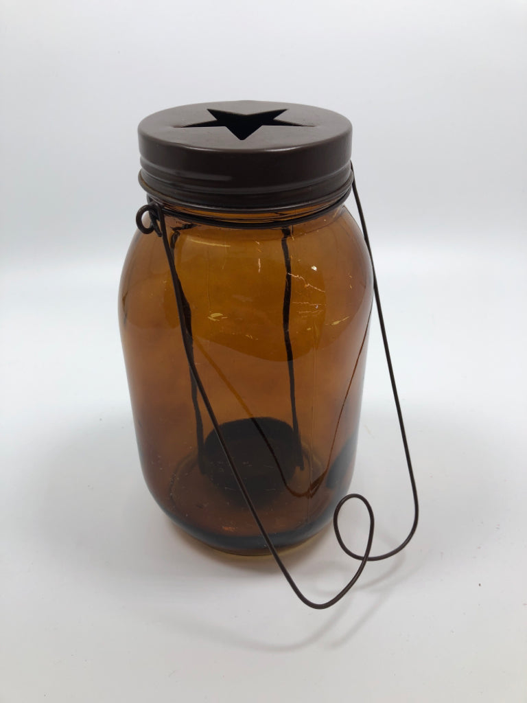 PRIMITIVE MASON JAR CANDLE LANTERN W/HANDLE.