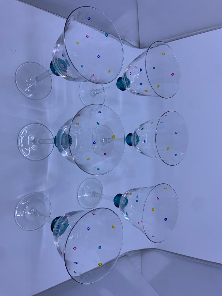 6 LIGHT WEIGHT WINE GLASSES W/ COLORED CIRCLES TOP OF STEM BLUE.