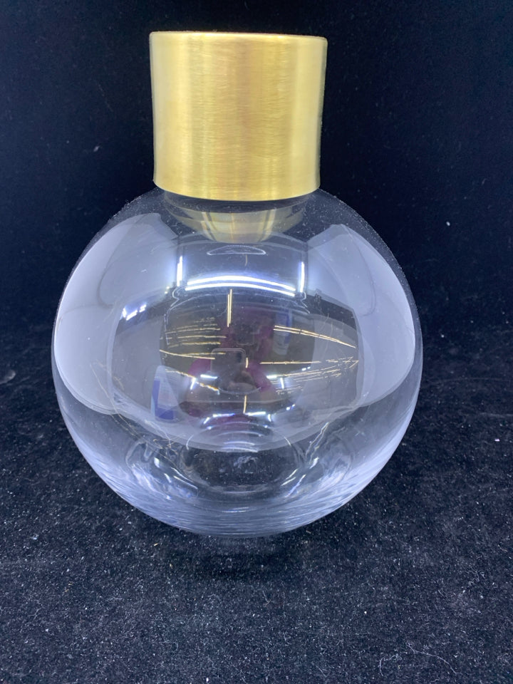 CLEAR GLASS ORNAMENT SHAPED VASE W/ GOLD METAL TOP.
