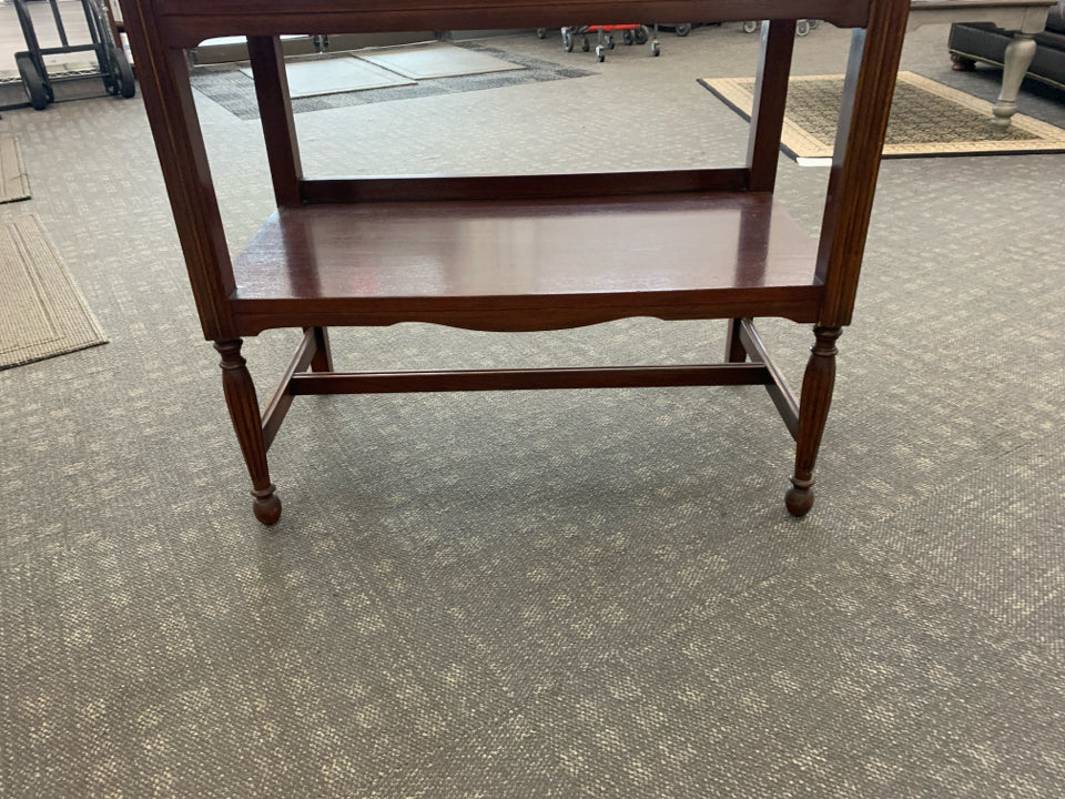 VTG RED STAINED 2 TIER TEA CART W/ DRAWER EMBOSSED BOWS METAL HARDWARE FORSYTH L