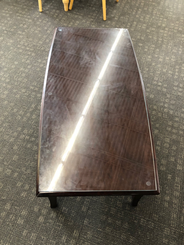 DARK WOOD COFFEE TABLE W/ DRAWER GLASS TOP.
