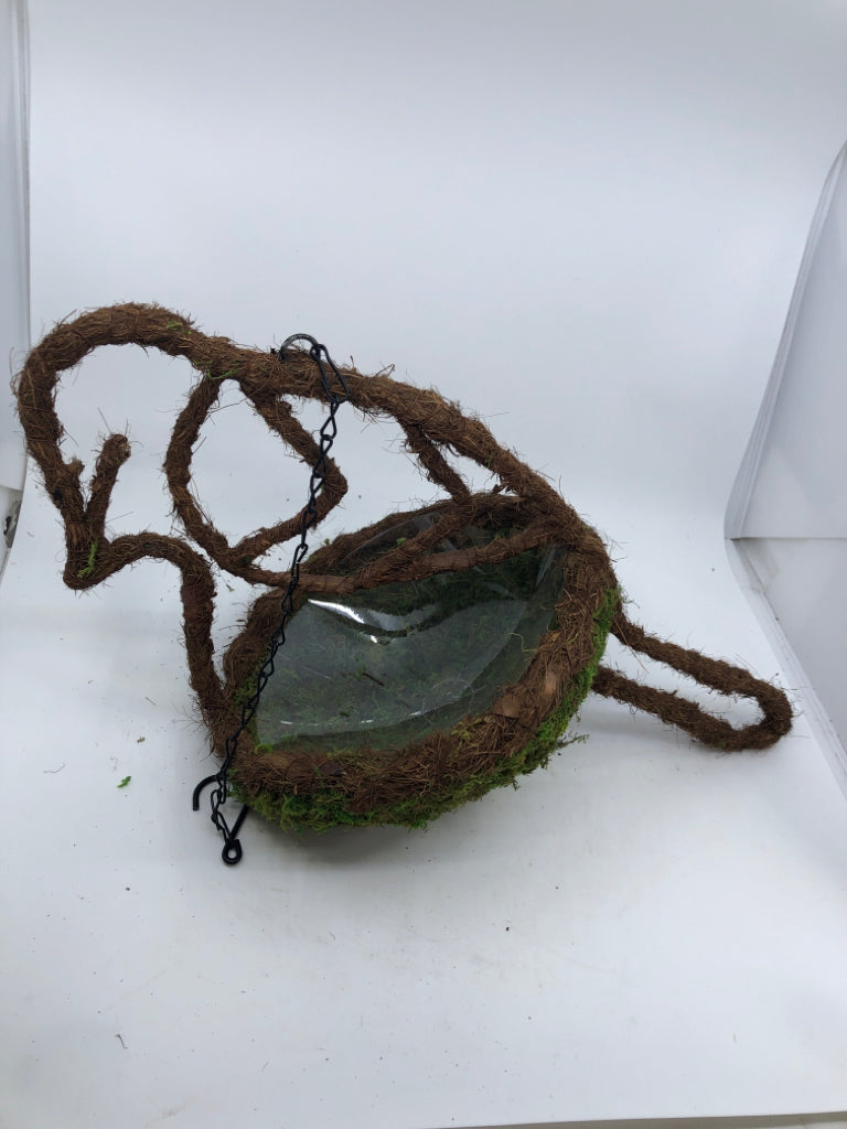 MOSS BIRD SHAPED HANGING PLANTER W/ PLASTIC INSERT.
