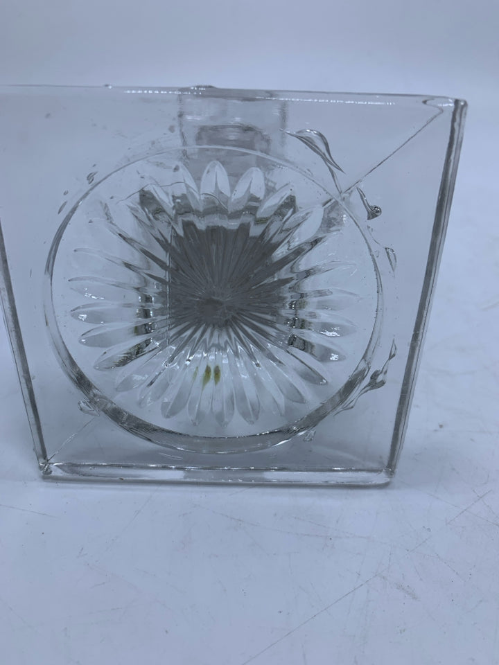 CLEAR GLASS SQUARE BOTTOM TAPERED CANDLE HOLDER ETCHED FLOWERS.