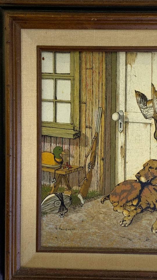 VTG DOG W GEESE IN WOOD FRAME WALL ART.