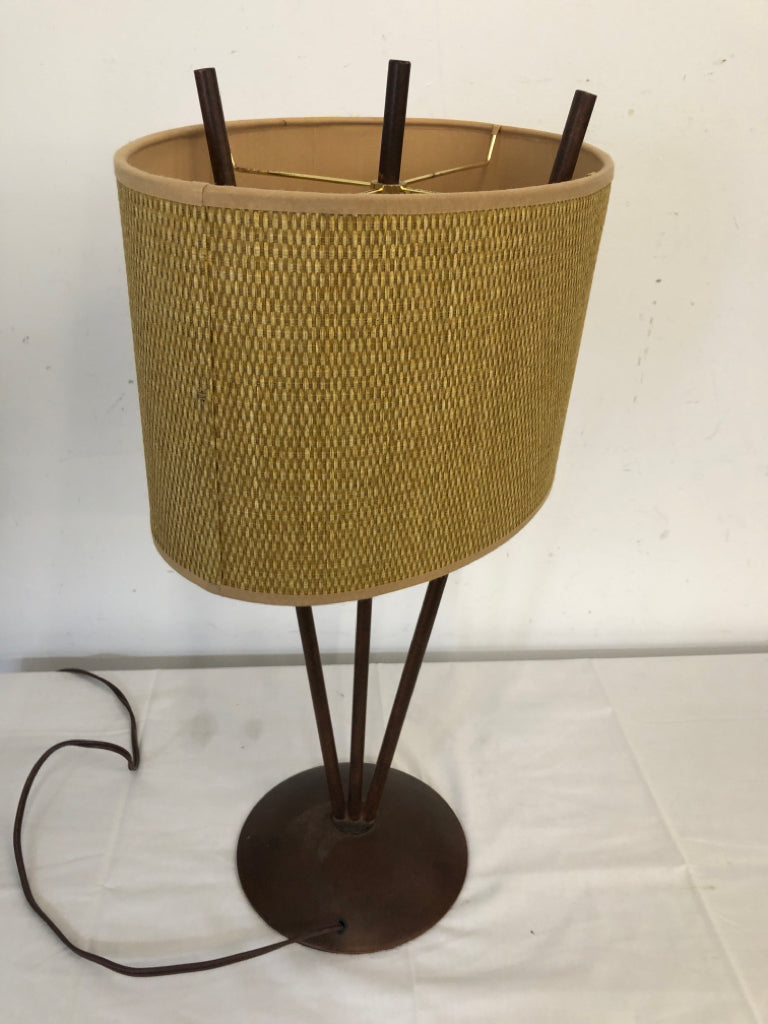 BROWN STICK MODERN STYLE LAMP W BROWN TAN SHADE.