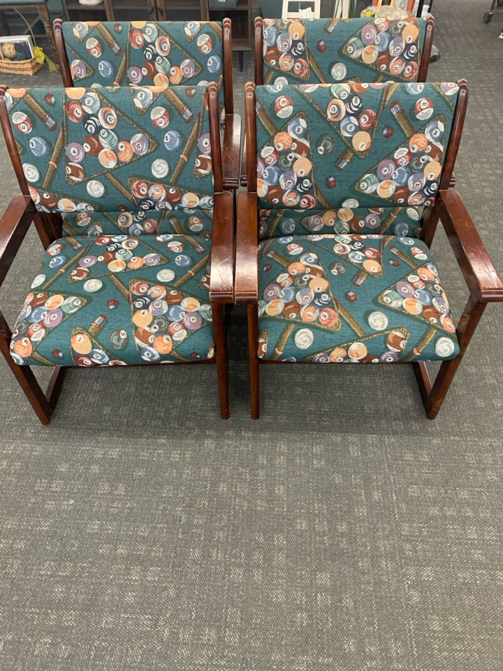 4 UPHOLSTERED POOL TABLE CHAIRS.