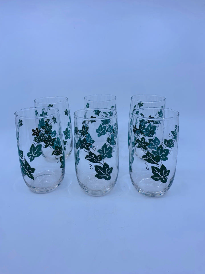 6 VTG GREEN LEAVES WATER GLASSES.