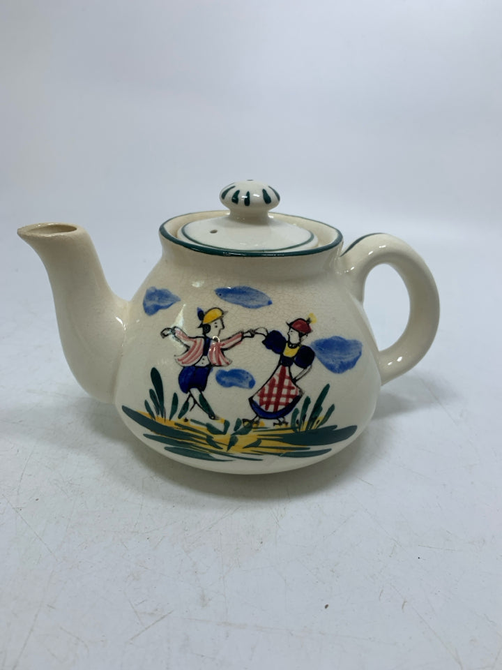 SMALL TEA POT W/ PAINTED COUPLE HOLDING HANDS.
