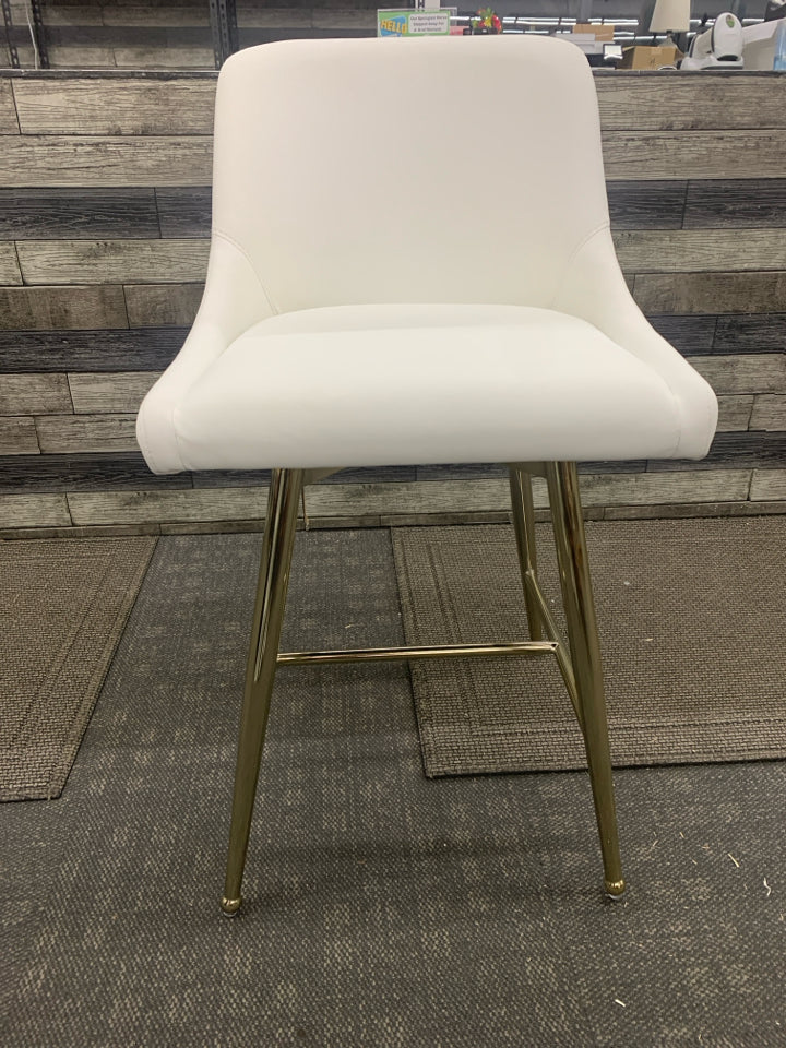 WHITE LEATHER SWIVEL SHORT BAR STOOL W/ GOLD LEGS.