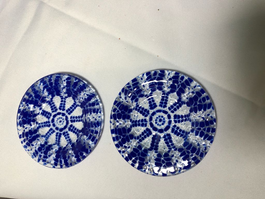 2 BLUE/ CLEAR FUSED GLASS BOWLS.