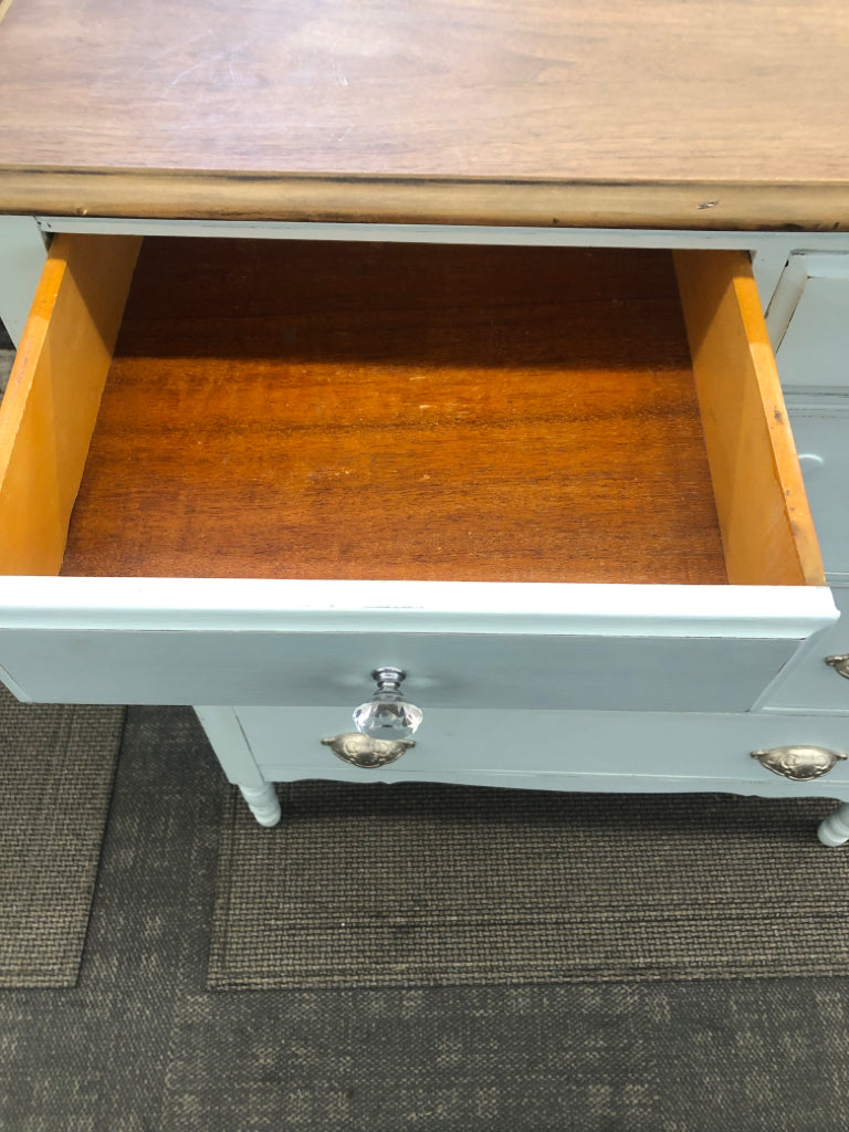 VTG LIGHT BLUE DRESSER W/5 DRAWERS AND WOOD TOP.