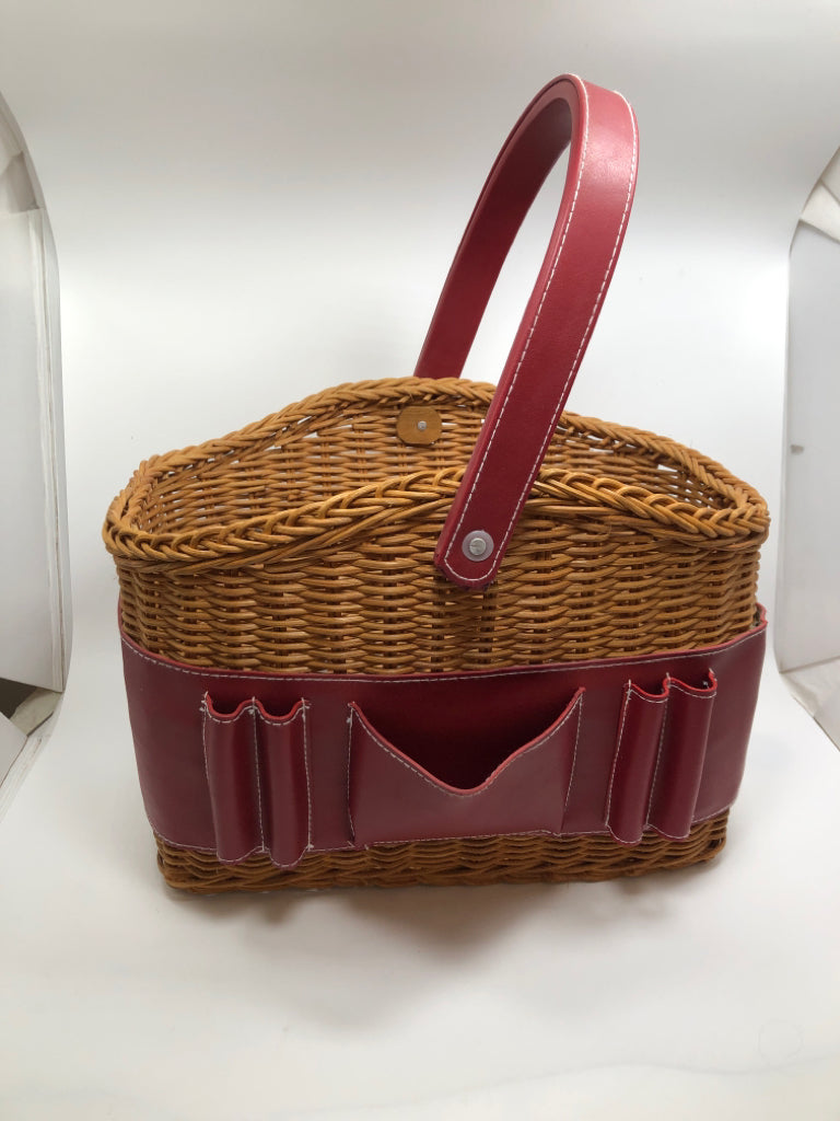 RED POCKET & WICKER CRAFT STORAGE BIN.