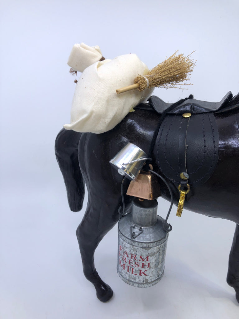 BYERS CHOICE HORSE W SACK AND PAILS.