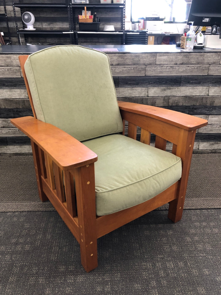 OAK WOOD W/ GREEN CUSHION POUCH CHAIR W/ OTTOMAN.