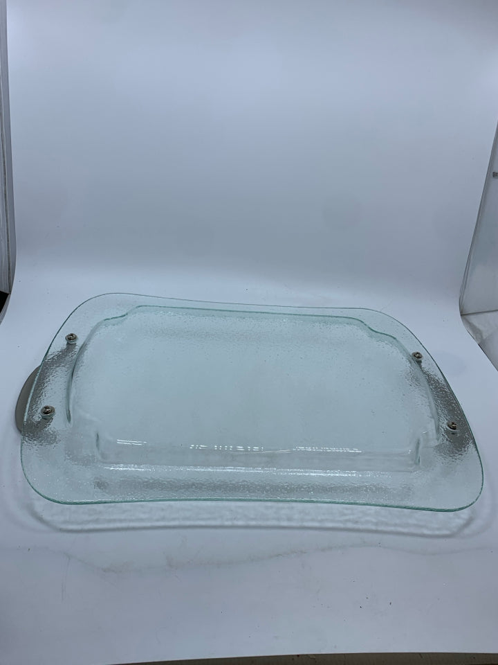 CLEAR TEXTURED GLASS TRAY W/SILVER HANDLES.