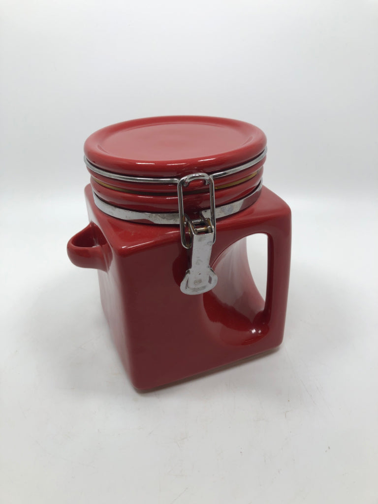 RED CERAMIC LOCKING FLIP TOP CANISTER W/HANDLE *NO SPOON.