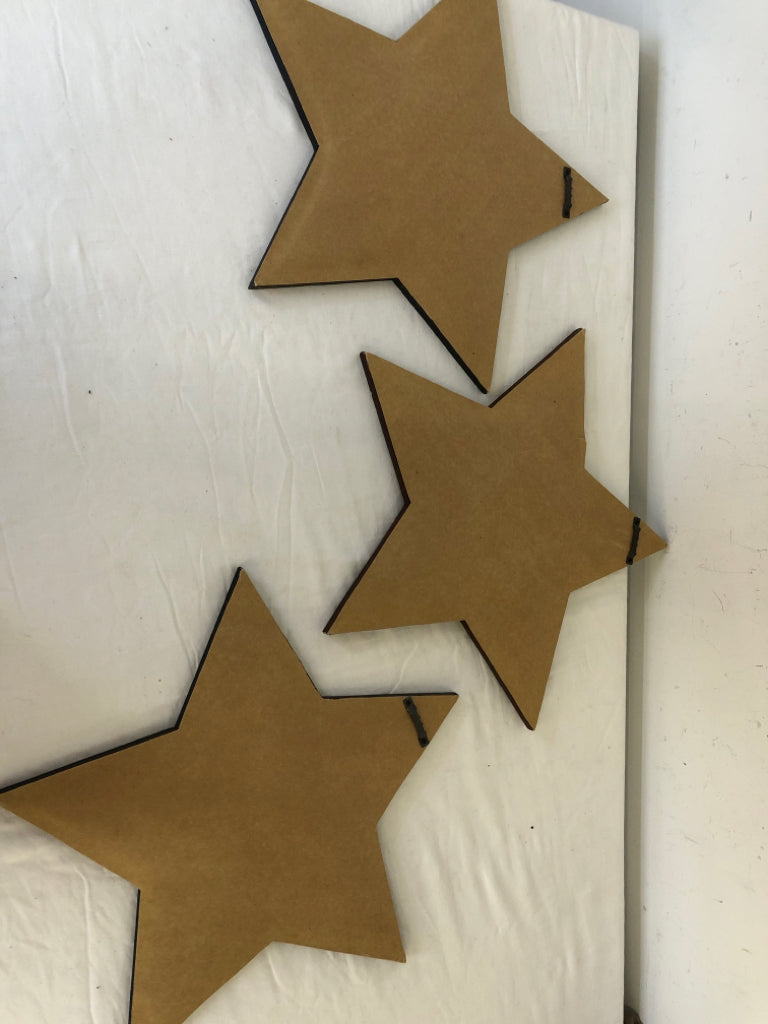 3 PRIMITIVE WOOD/FABRIC STAR WALL HANGING.