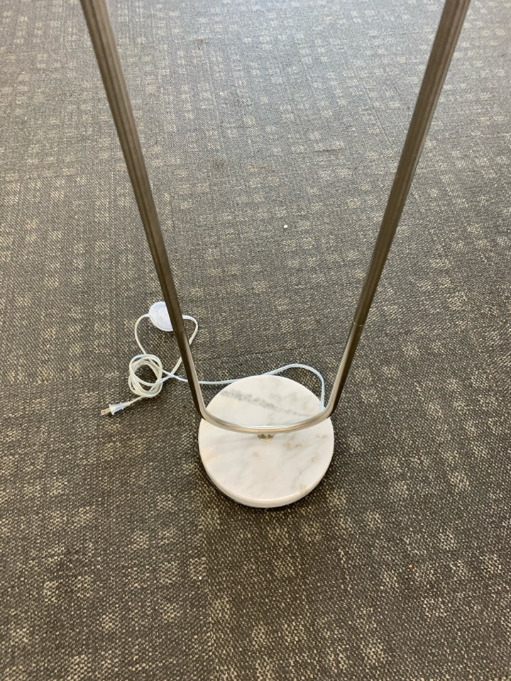 MARBLE BASE FLOOR LAMP W/ SILVER METAL LARGE WHITE SHADE.