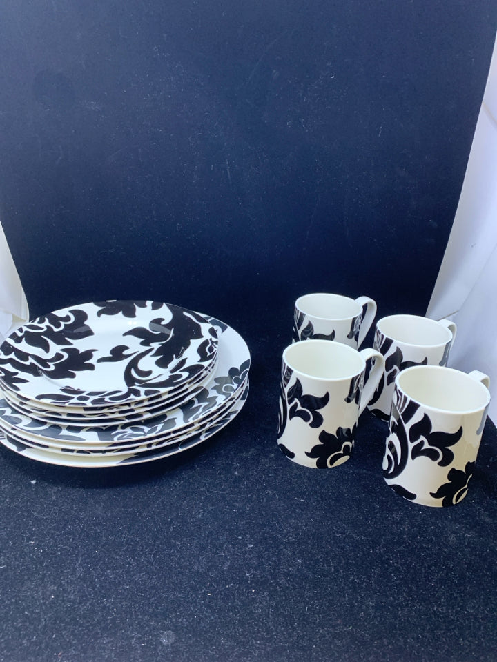 12PC WHITE/BLACK FLOWERS DINNER SVC FOR 4.