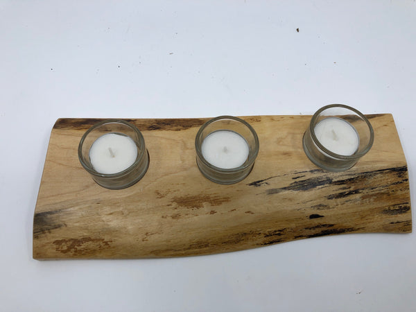 CARVED WOOD LIVE EDGE 3 TEA LIGHT HOLDER.