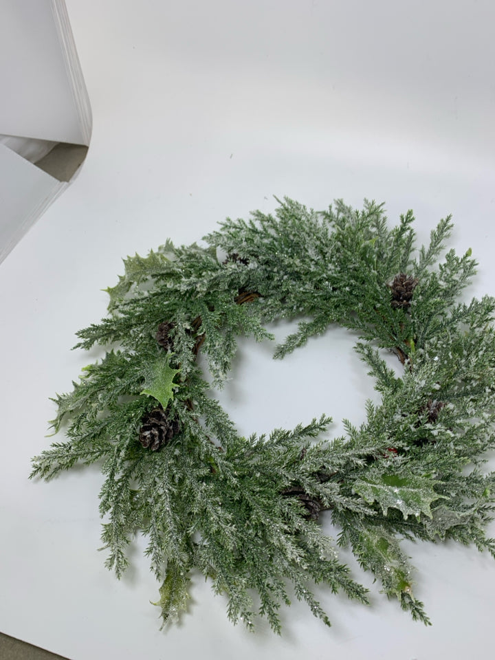 FLOCKED PINE NEEDLES CANDLE WREATH W/ BERRIES / PINECONES.