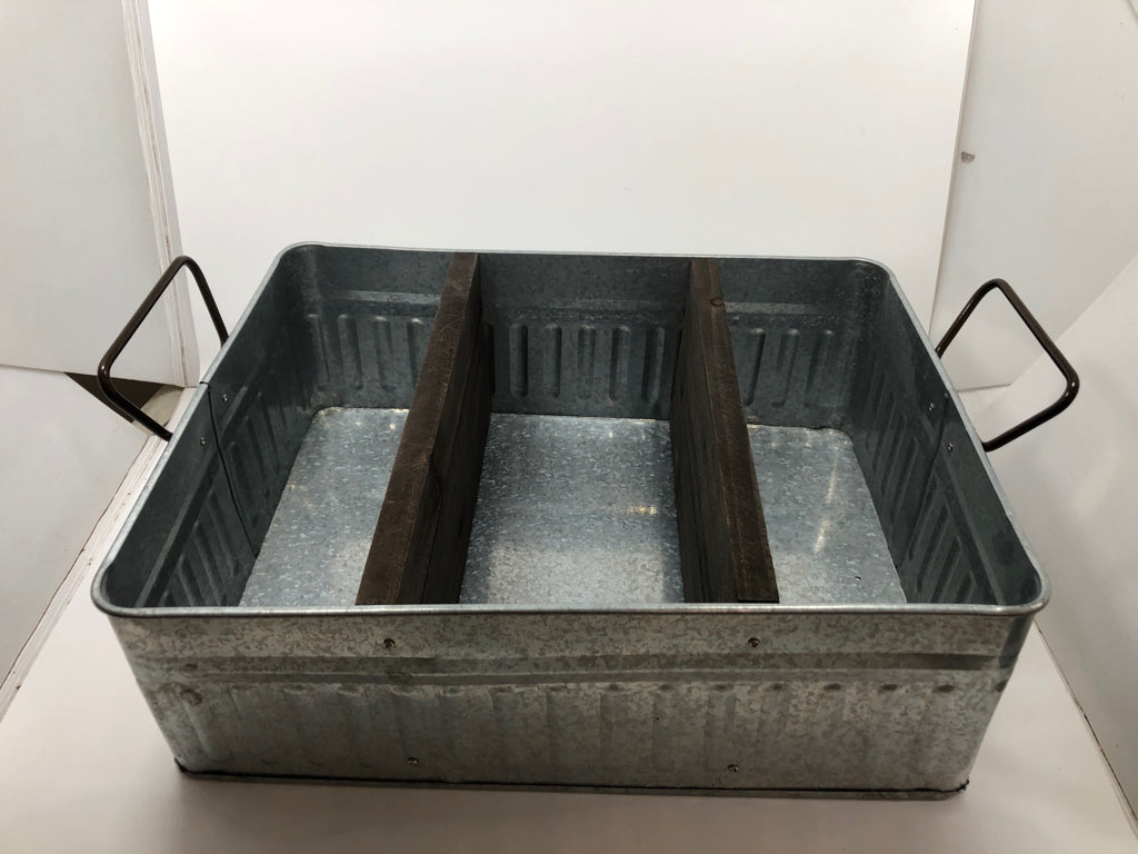 GALVANIZED SECTIONED BASKET W/METAL HANDLES AND WOOD SECTIONS.