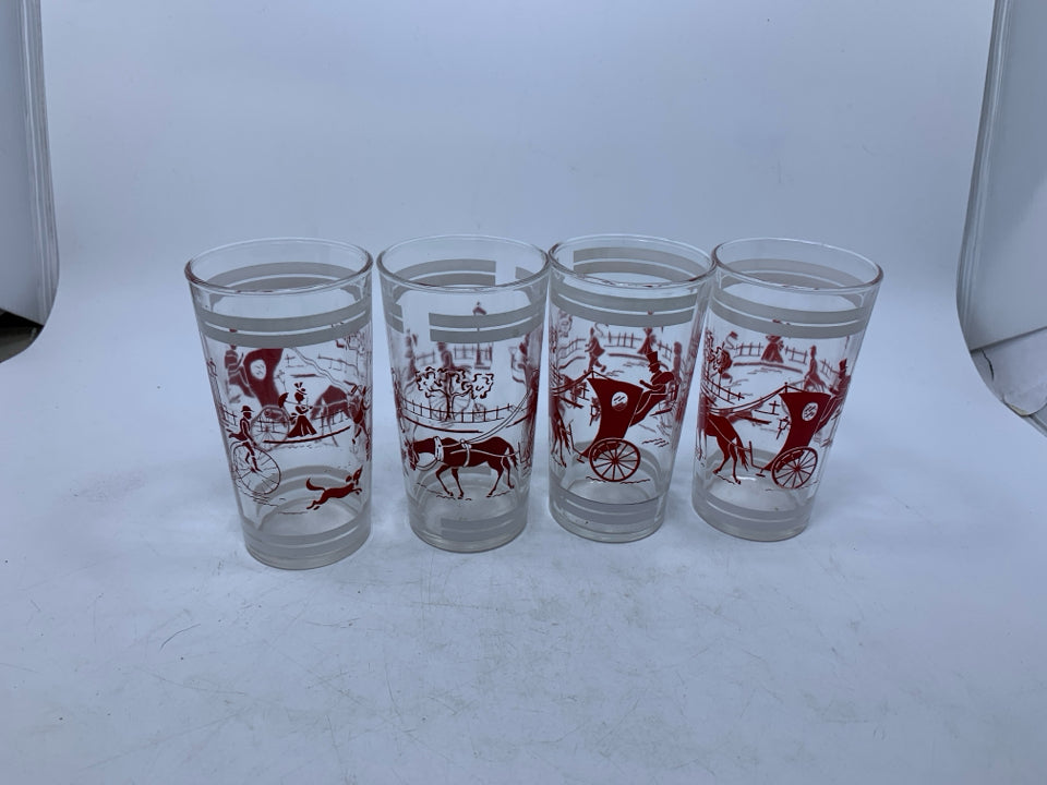 VTG 4 JUICE GLASS W/ PRINTED RED PARK SCENE WHITE DETAILS.